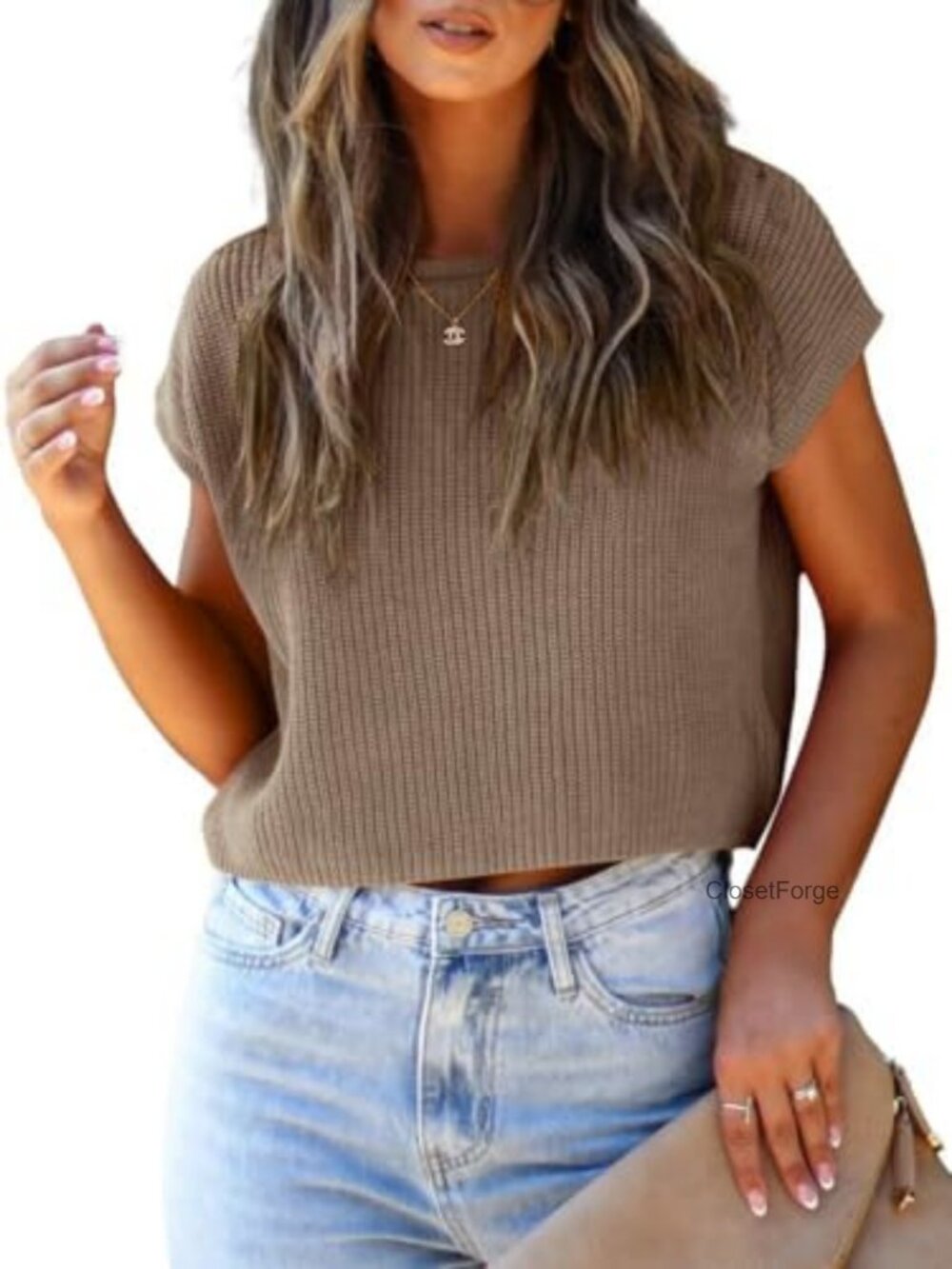 Women's Cropped Sweater Vest Casual Cotton Blend Pullover Cap Sleeve